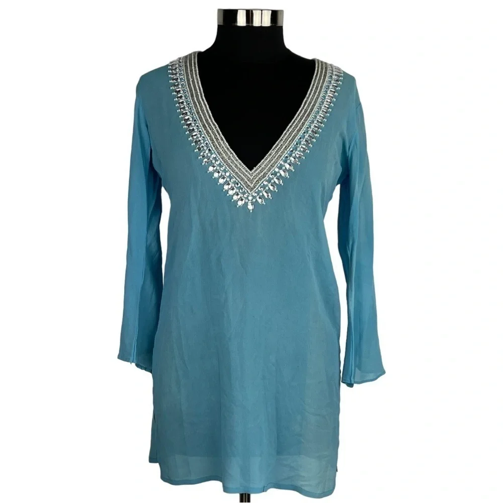 TAJ BY SABRINA CRIPPA SHEER BEADED SILK V-NECK TUNIC SWIM COVER UP - Picture 2 of 14
